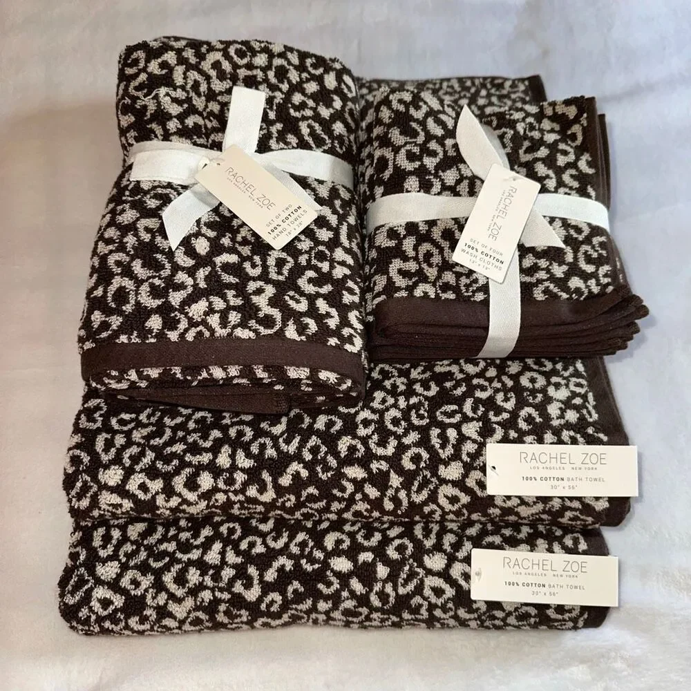 Rachel Zoe Bath Towel Set Dark Brown Tan Cheetah Leopard Pattern Reversible NWT